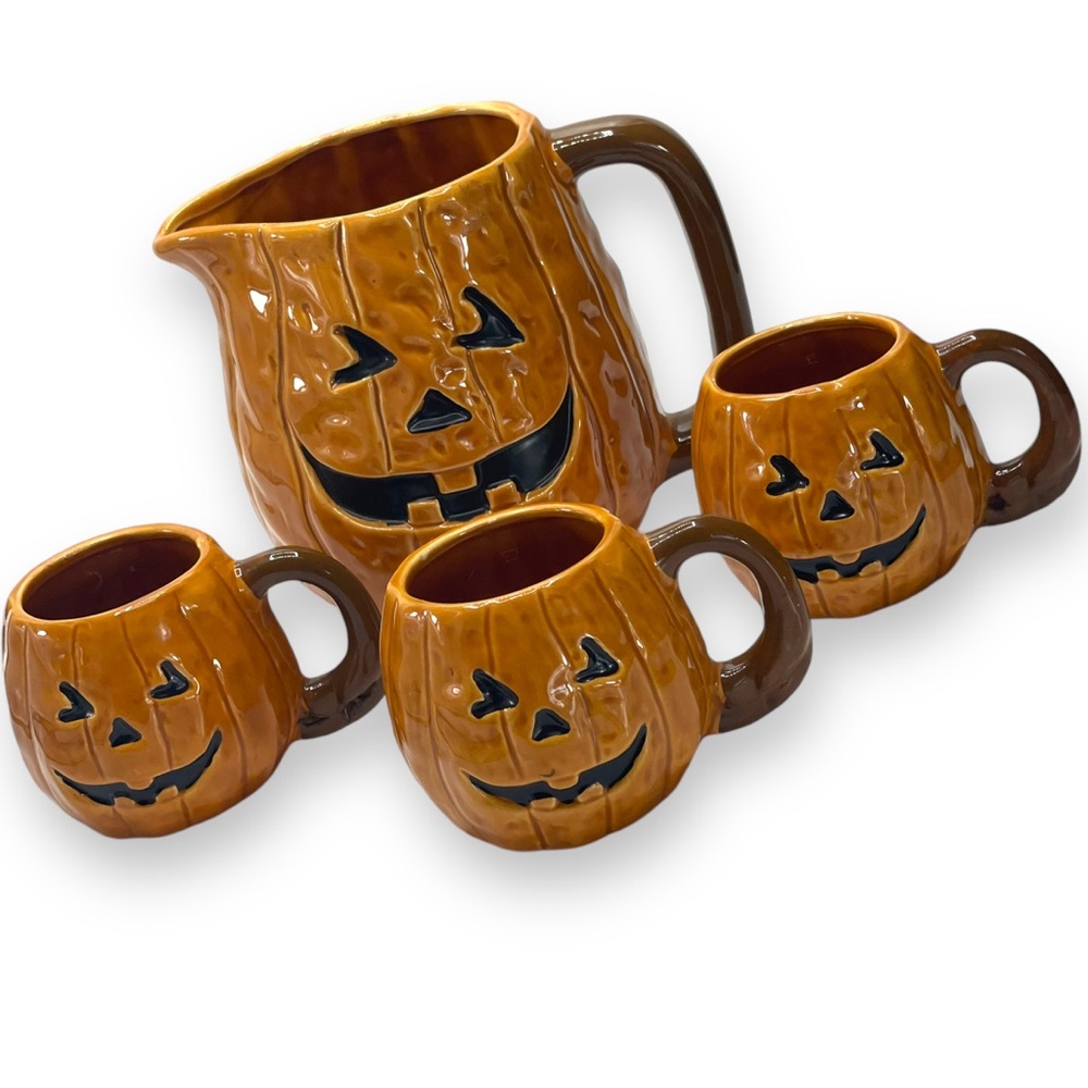 Vintage Brinns PGH Halloween Pumpkin Pitcher with Set of 3 Matching Pumpkin Mugs